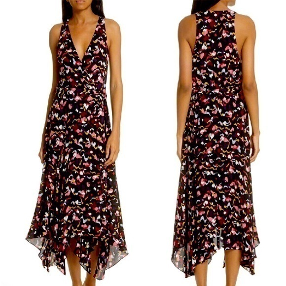 A.L.C Roslyn Silk Print Black Pink V-Neck Sleeveless Midi Dress M (10)